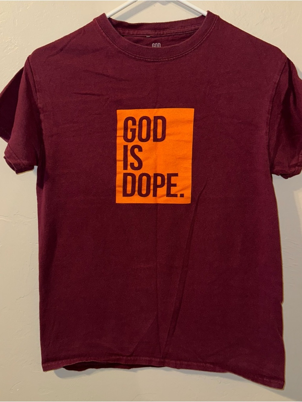Men's Maroon Graphic Tee with Orange 'God Is Dope' Print